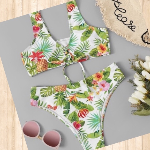 Tropical Bikini Swimsuit White Green S M 4 6 8 10 - Picture 2 of 8